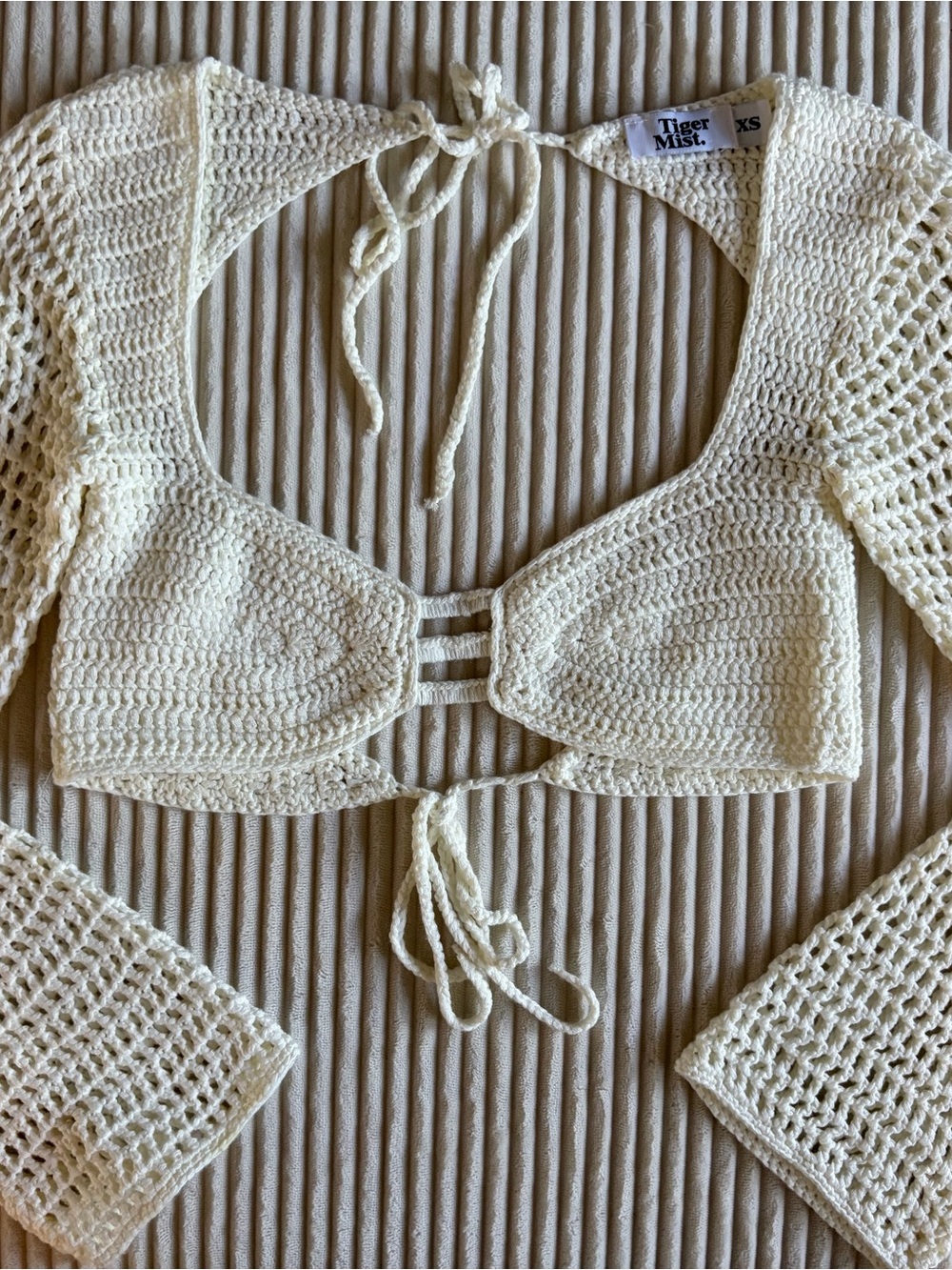 Tiger Mist Cream Crochet Tie-Front Off-Shoulder Sweater